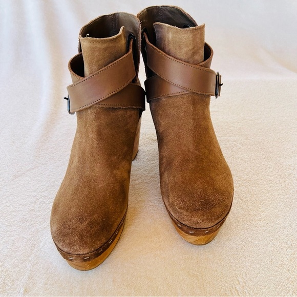 Free People Bungalow Sand Brown Suede Strappy BOHO Wooden Clog Boots SIZE 6 - Picture 3 of 13